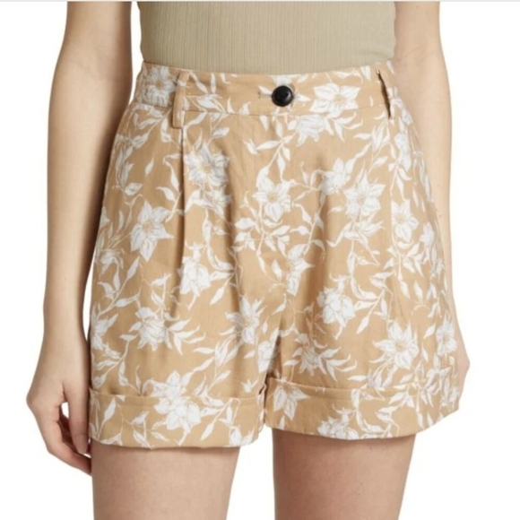 rag & bone Pants - Rag & Bone Floral Linen Blend Tan Women's High Rise Tailored Rolled Hem Shorts